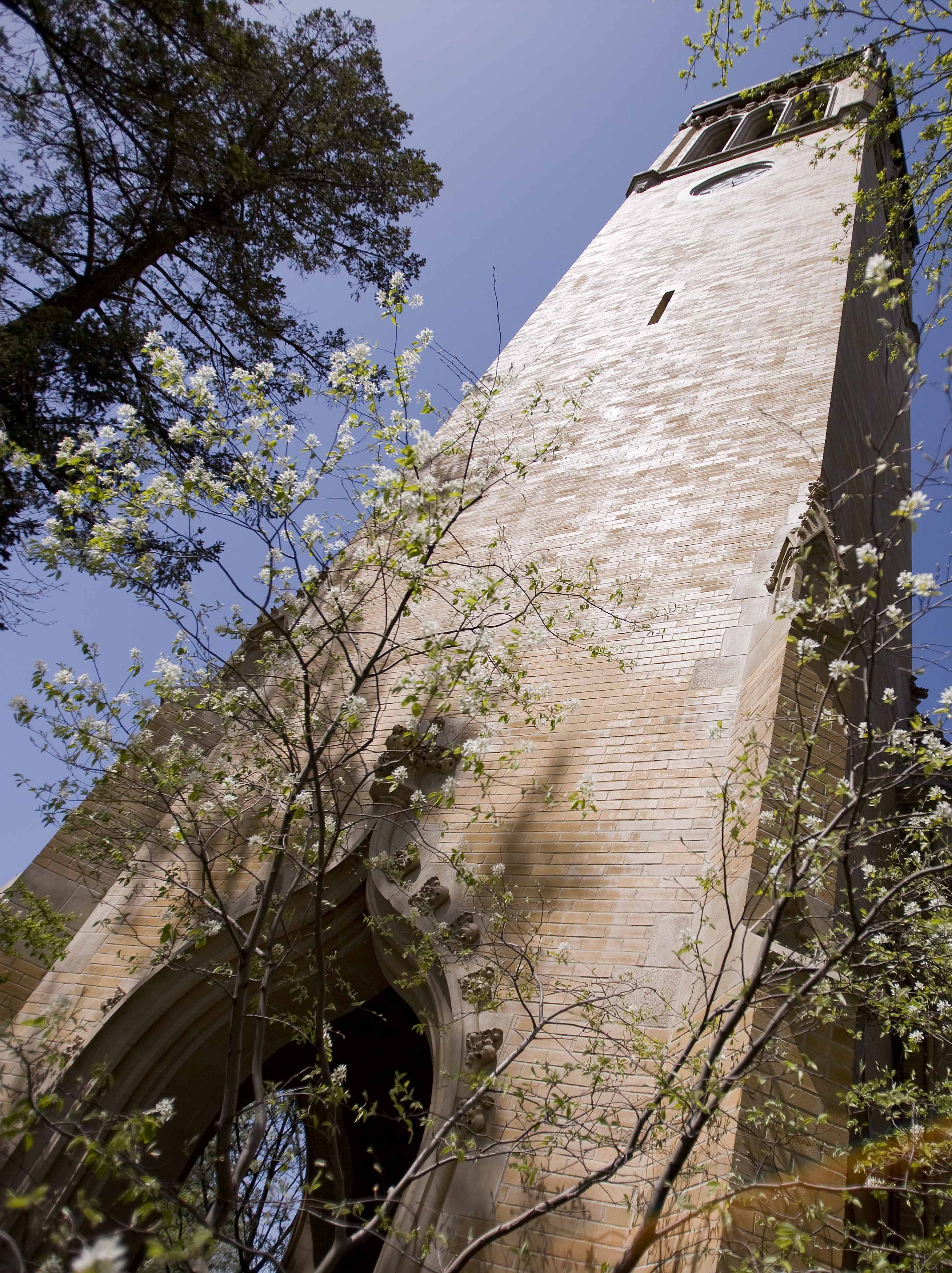 Blue sky with brick clock tower called campanile